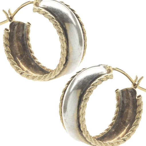 14 Karat Yellow & White Gold Rope Huggie Hoop Earrings