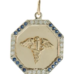 14 Karat Yellow and White Gold Diamond and Sapphire Medic Pendant