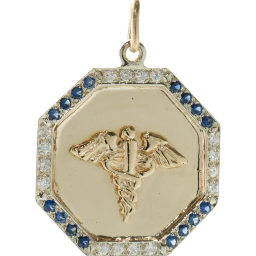 14 Karat Yellow and White Gold Diamond and Sapphire Medic Pendant