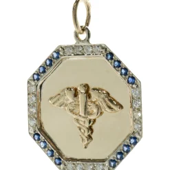 14 Karat Yellow and White Gold Diamond and Sapphire Medic Pendant