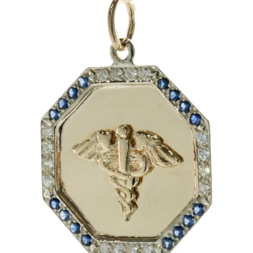 14 Karat Yellow and White Gold Diamond and Sapphire Medic Pendant