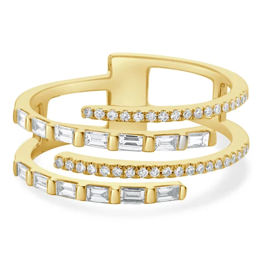 14 Karat Yellow Gold 4 Row Baguette and Round Diamond Ring
