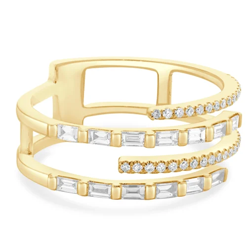 14 Karat Yellow Gold 4 Row Baguette and Round Diamond Ring