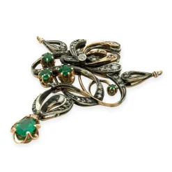 14 Karat Yellow Gold & Sterling Silver Vintage Art Nouveau Diamond and Emerald Pendant