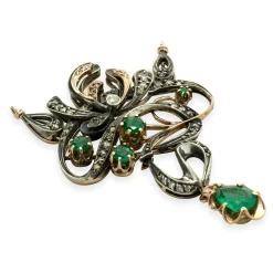 14 Karat Yellow Gold & Sterling Silver Vintage Art Nouveau Diamond and Emerald Pendant