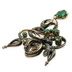 14 Karat Yellow Gold & Sterling Silver Vintage Art Nouveau Diamond and Emerald Pendant
