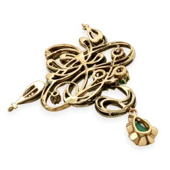 14 Karat Yellow Gold & Sterling Silver Vintage Art Nouveau Diamond and Emerald Pendant