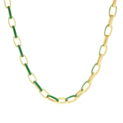 14 Karat Yellow Gold and Green Enamel Oval Link Chain Necklace