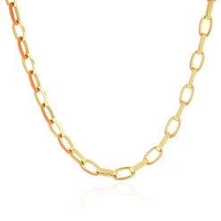 14 Karat Yellow Gold and Orange Enamel Oval Link Chain Necklace