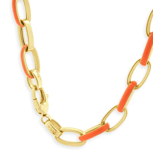 14 Karat Yellow Gold and Orange Enamel Oval Link Chain Necklace