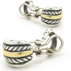 18 Karat Yellow Gold and Sterling Silver Cable Earrings
