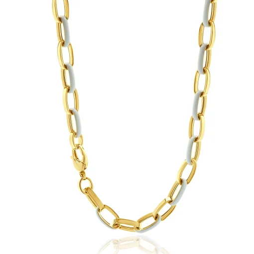 14 Karat Yellow Gold and White Enamel Oval Link Chain Necklace