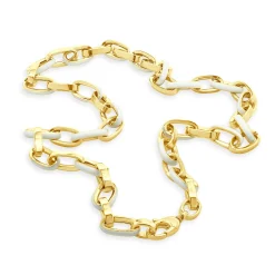 14 Karat Yellow Gold and White Enamel Oval Link Chain Necklace
