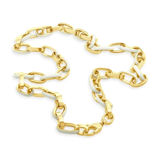 14 Karat Yellow Gold and White Enamel Oval Link Chain Necklace