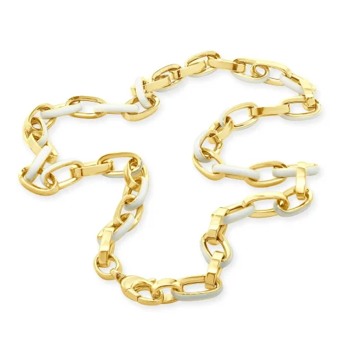 14 Karat Yellow Gold and White Enamel Oval Link Chain Necklace