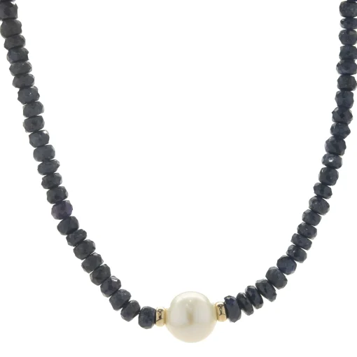 14 Karat Yellow Gold Beaded Sapphire and Pearl Necklace