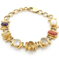 21 Karat Yellow Gold Bezel Set Multi Gemstone Ornate Link Bracelet