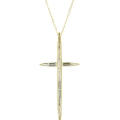 14 Karat Yellow Gold Bezel Set Baguette Cut Diamond Cross Necklace
