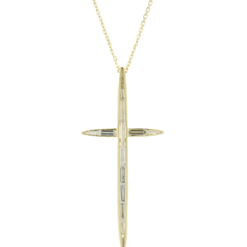 14 Karat Yellow Gold Bezel Set Baguette Cut Diamond Cross Necklace