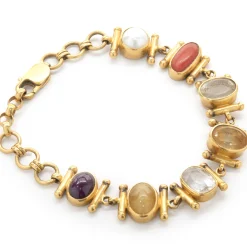 21 Karat Yellow Gold Bezel Set Multi Gemstone Ornate Link Bracelet