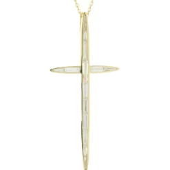 14 Karat Yellow Gold Bezel Set Baguette Cut Diamond Cross Necklace
