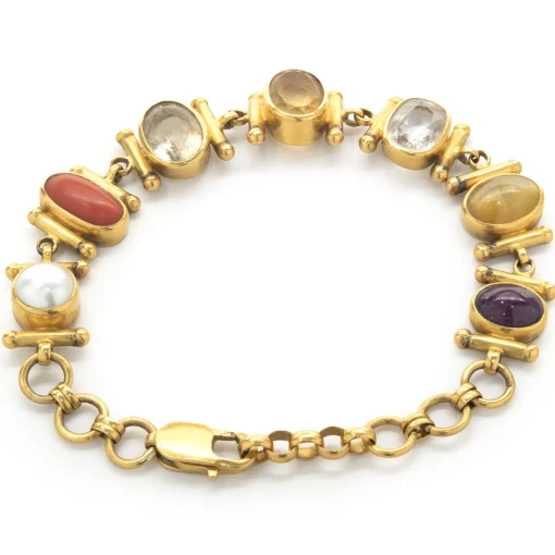 21 Karat Yellow Gold Bezel Set Multi Gemstone Ornate Link Bracelet