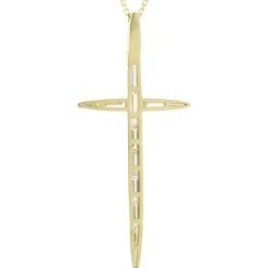 14 Karat Yellow Gold Bezel Set Baguette Cut Diamond Cross Necklace