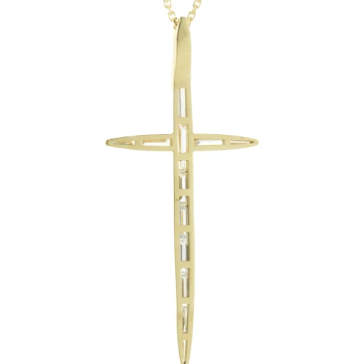 14 Karat Yellow Gold Bezel Set Baguette Cut Diamond Cross Necklace