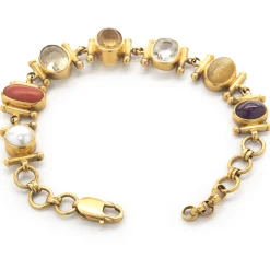 21 Karat Yellow Gold Bezel Set Multi Gemstone Ornate Link Bracelet