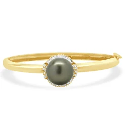 14 Karat Yellow Gold Black Pearl and Diamond Halo Bangle Bracelet
