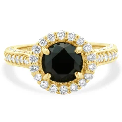 18 Karat Yellow Gold Black Round Brilliant Cut Diamond Engagement Ring