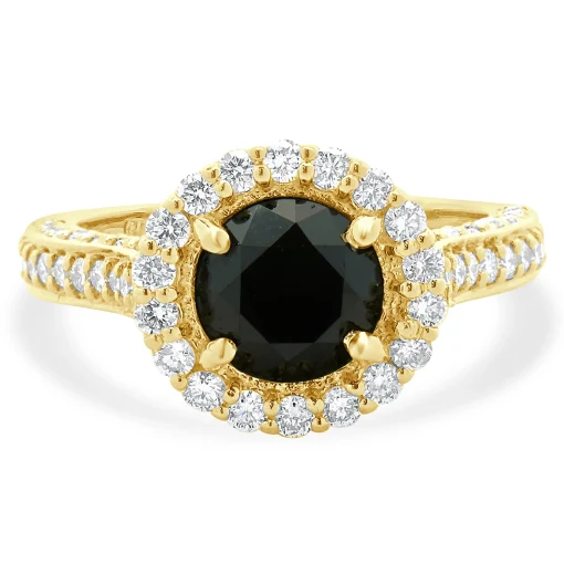 18 Karat Yellow Gold Black Round Brilliant Cut Diamond Engagement Ring