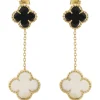 18 Karat Yellow Gold Black Onyx and Mother of Pearl Quatrefoil Drop Earrings