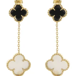 18 Karat Yellow Gold Black Onyx and Mother of Pearl Quatrefoil Drop Earrings