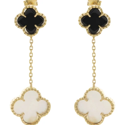 18 Karat Yellow Gold Black Onyx and Mother of Pearl Quatrefoil Drop Earrings