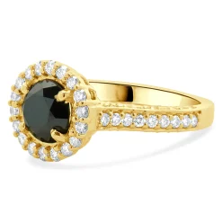 18 Karat Yellow Gold Black Round Brilliant Cut Diamond Engagement Ring