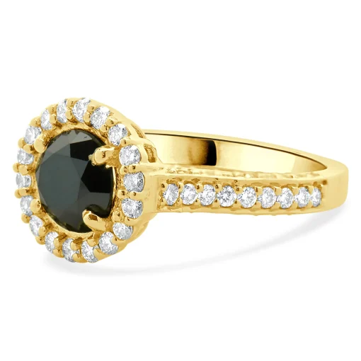 18 Karat Yellow Gold Black Round Brilliant Cut Diamond Engagement Ring
