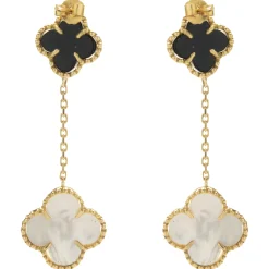 18 Karat Yellow Gold Black Onyx and Mother of Pearl Quatrefoil Drop Earrings