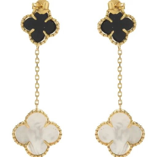 18 Karat Yellow Gold Black Onyx and Mother of Pearl Quatrefoil Drop Earrings