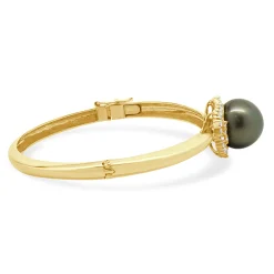 14 Karat Yellow Gold Black Pearl and Diamond Halo Bangle Bracelet