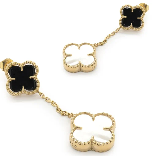 18 Karat Yellow Gold Black Onyx and Mother of Pearl Quatrefoil Drop Earrings