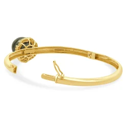 14 Karat Yellow Gold Black Pearl and Diamond Halo Bangle Bracelet