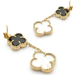 18 Karat Yellow Gold Black Onyx and Mother of Pearl Quatrefoil Drop Earrings