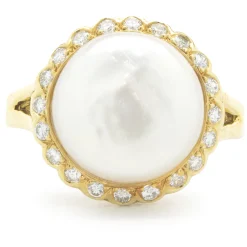 18 Karat Yellow Gold Button Pearl and Diamond Cocktail Ring