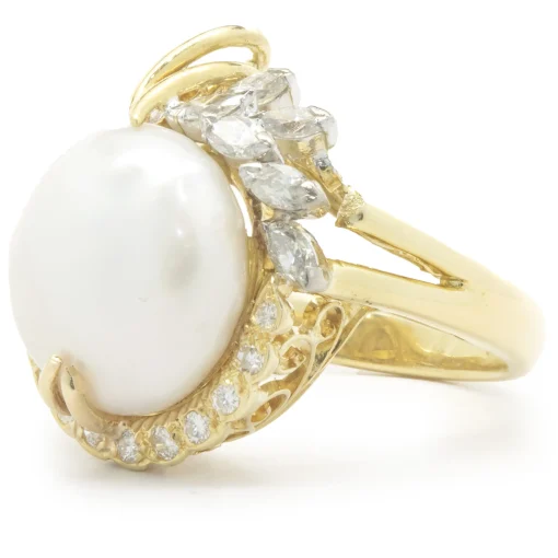 14 Karat Yellow Gold Button Pearl and Diamond Cocktail Ring