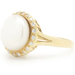 18 Karat Yellow Gold Button Pearl and Diamond Cocktail Ring