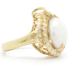 14 Karat Yellow Gold Button Pearl and Diamond Cocktail Ring
