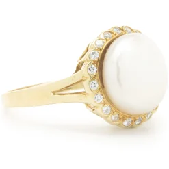18 Karat Yellow Gold Button Pearl and Diamond Cocktail Ring