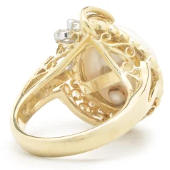 14 Karat Yellow Gold Button Pearl and Diamond Cocktail Ring