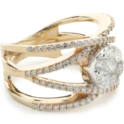 14 Karat Yellow Gold Bypass ring with Pave Diamond Circle Center